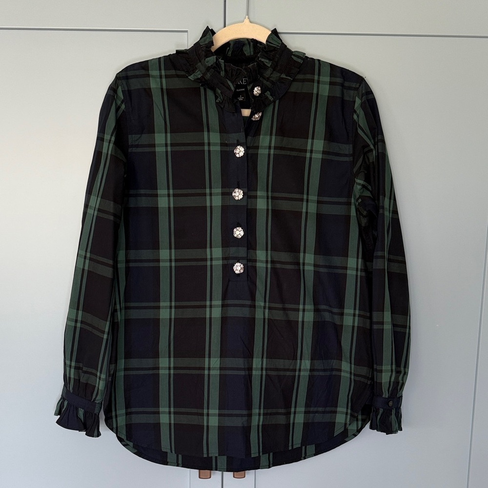 J. Crew Women's Black and Green Plaid Button Down Shirt
